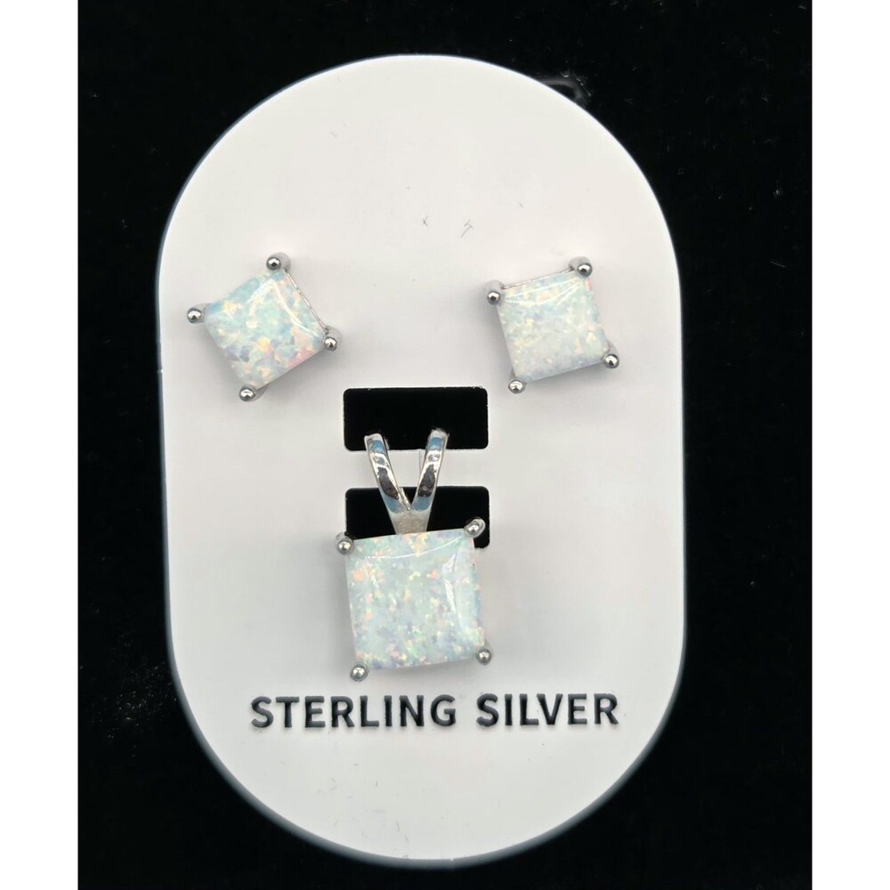 925 Silver Square White Lab Opal Pendant and Earrings Set